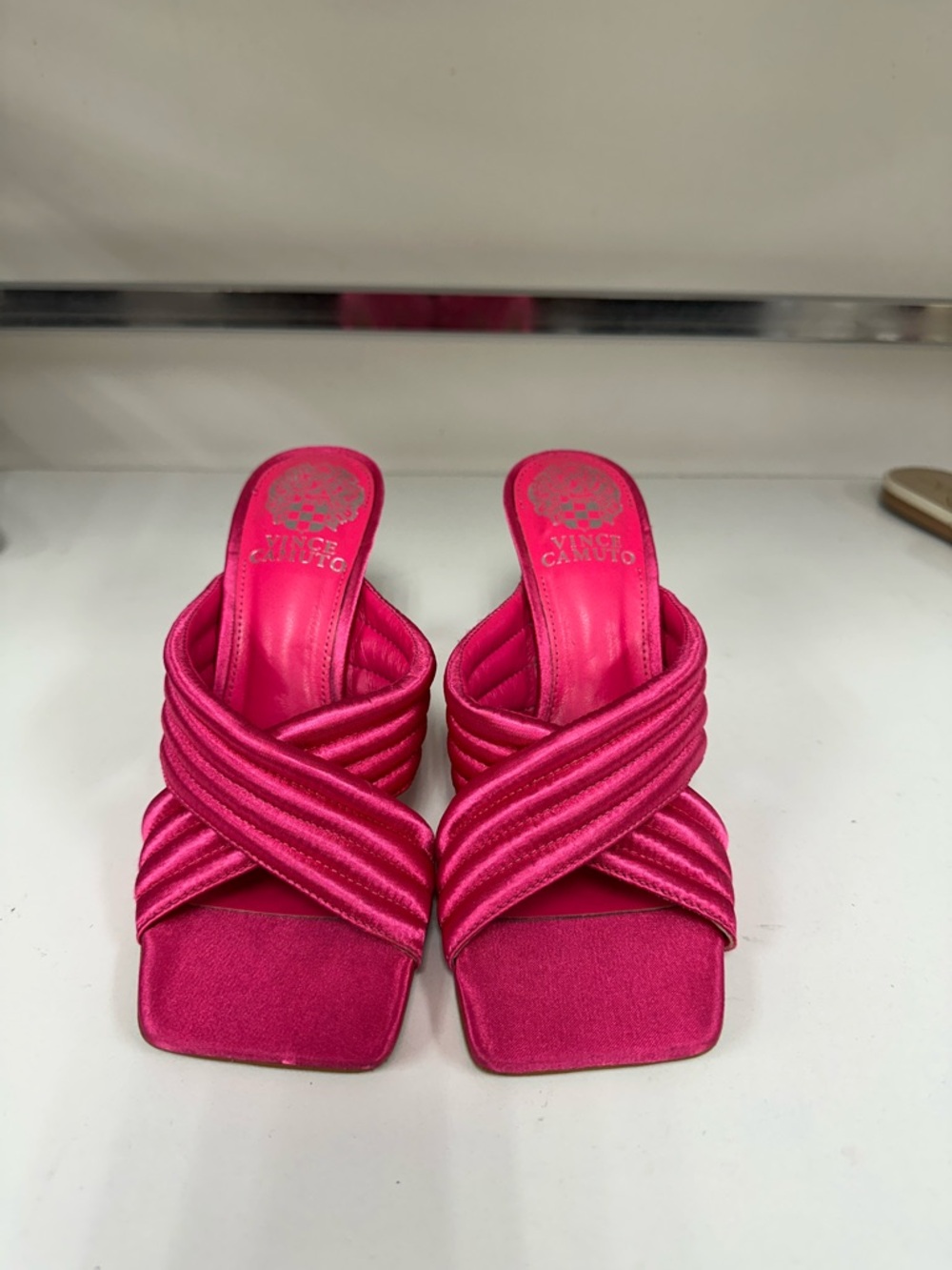 Vince Camuto Fuchsia Satin Crisscross Slide Mules